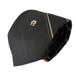 Vintage Etienne Aigner Black Striped Silk Blend Logo Tie